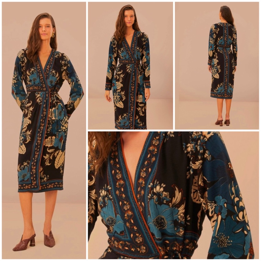 FARM Rio Blue and Black Floral Midi Dress